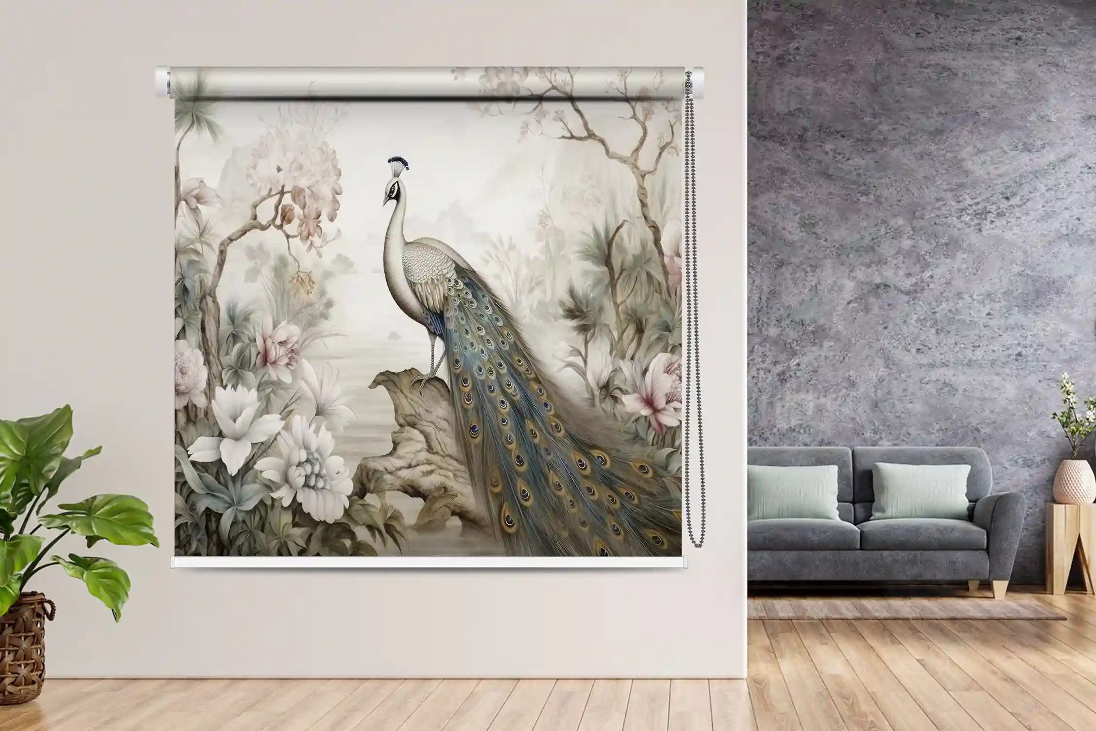 Ethereal Ivory Peacock Garden Roller Blind