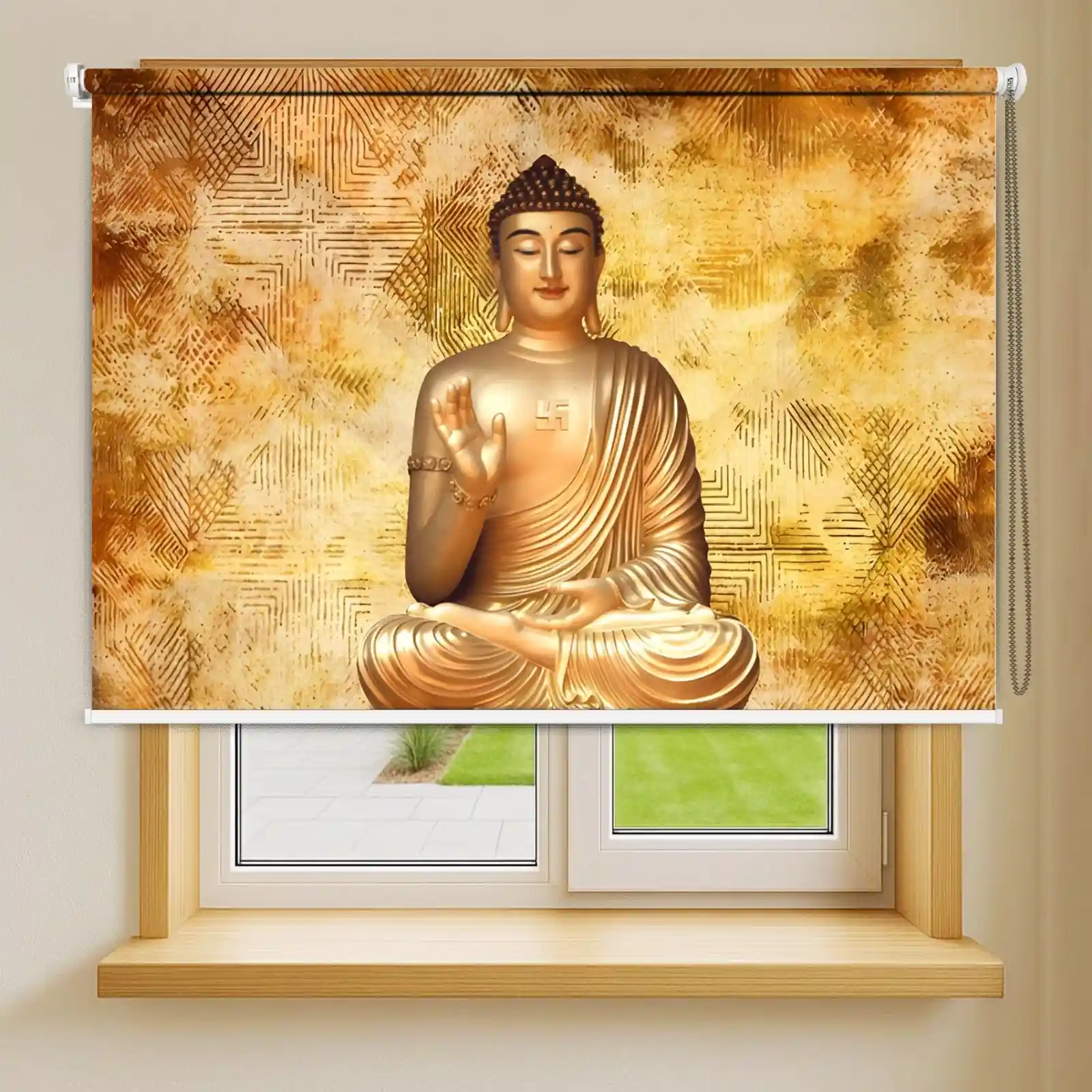 Golden Buddha Blessing Roller Blind with Sacred Geometric Texture