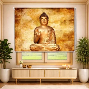 Golden Buddha Blessing Roller Blinds with Sacred Geometric Texture