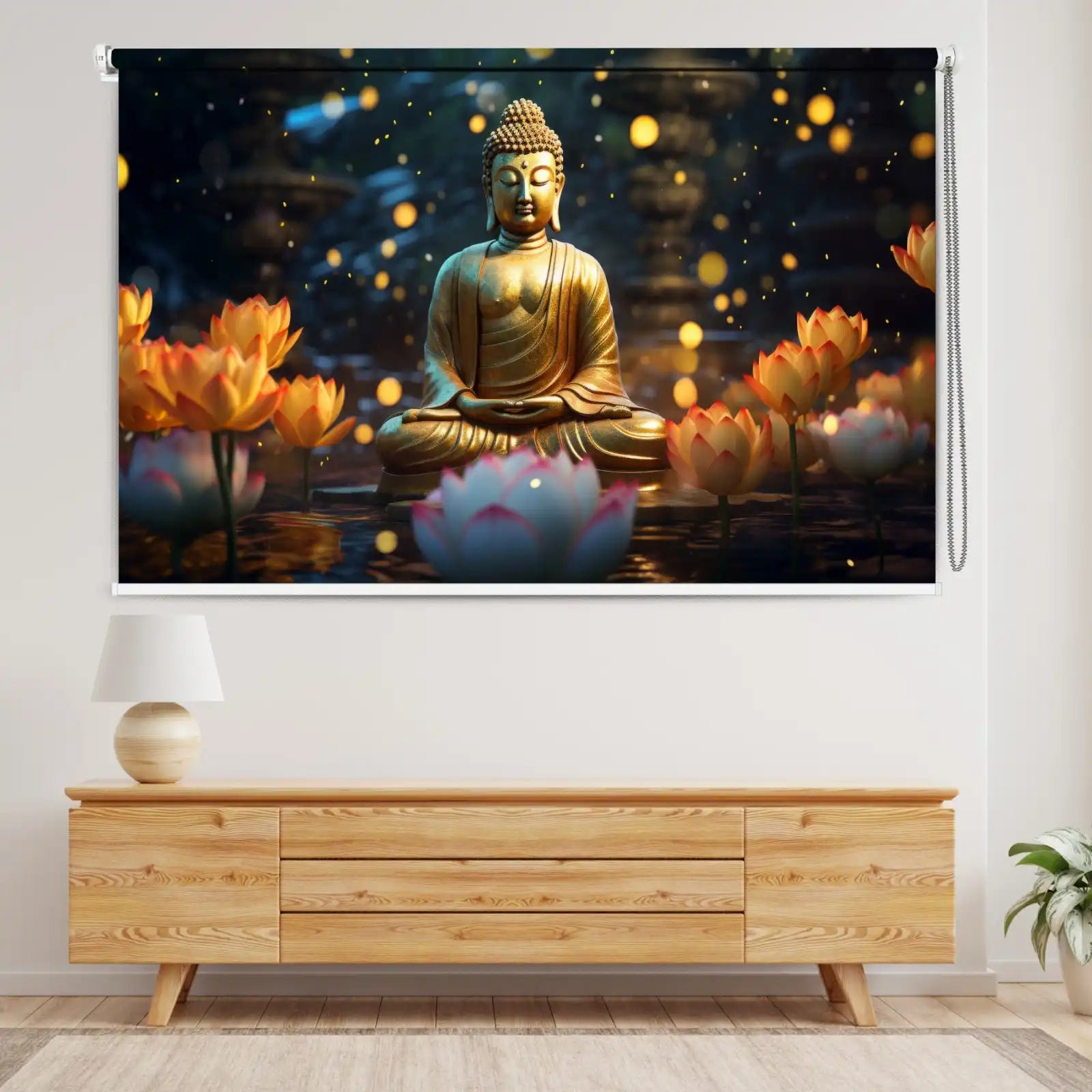 Golden Buddha with Floating Lotus Lights Roller Blind Design