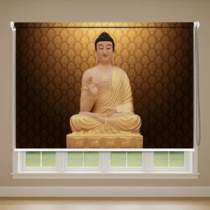 Golden Serenity Buddha Roller Blind with Ornate Pattern Background