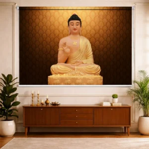 Golden Serenity Buddha Roller Window Blind with Ornate Pattern Background