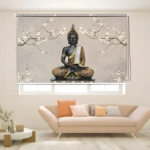 Golden Tranquility Buddha Roller Blind with gold detailing and cherry blossom branches for serene home décor