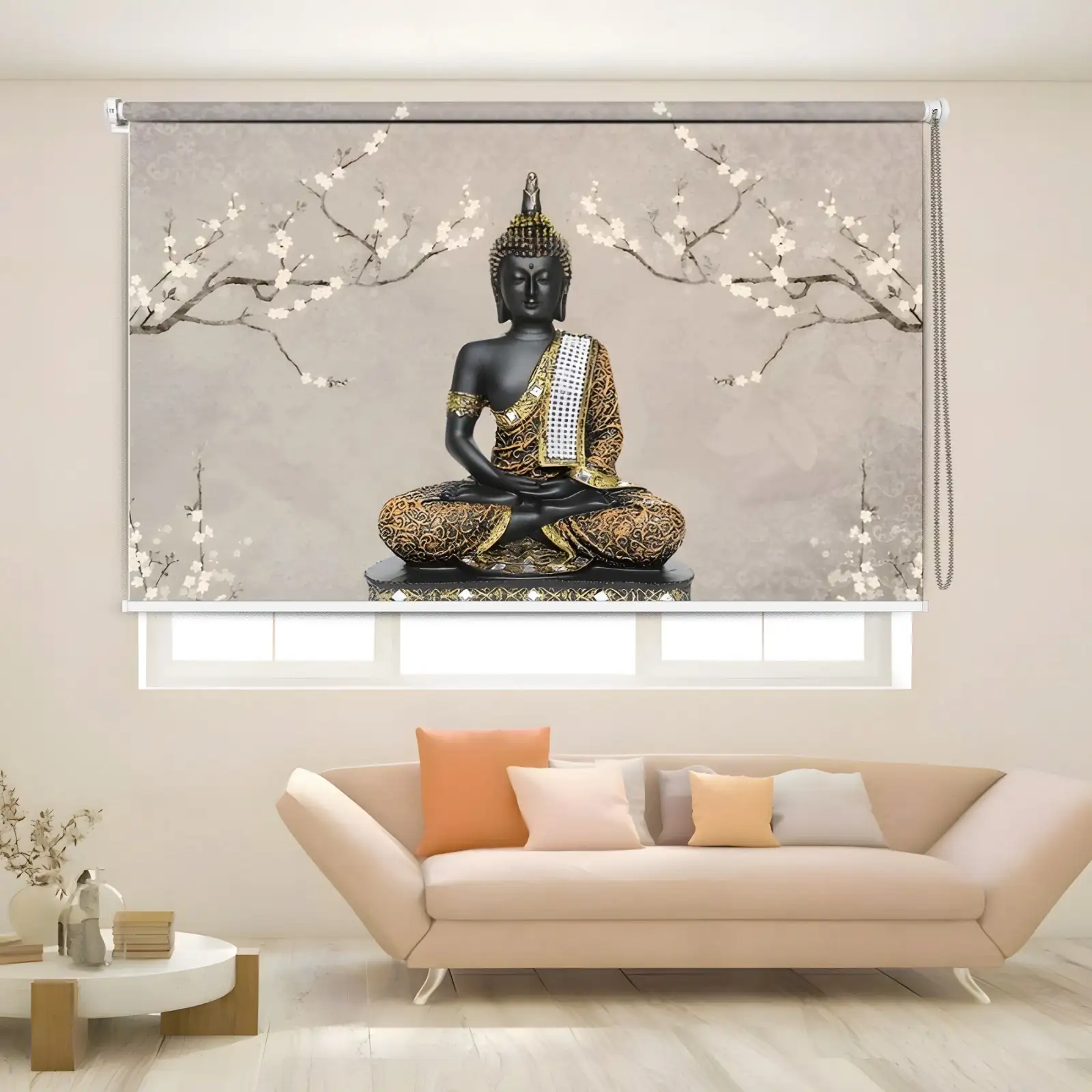Golden Tranquility Buddha Roller Blind with gold detailing and cherry blossom branches for serene home décor