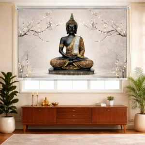 Golden Tranquility Buddha Window Roller Blind with Cherry Blossom Accents