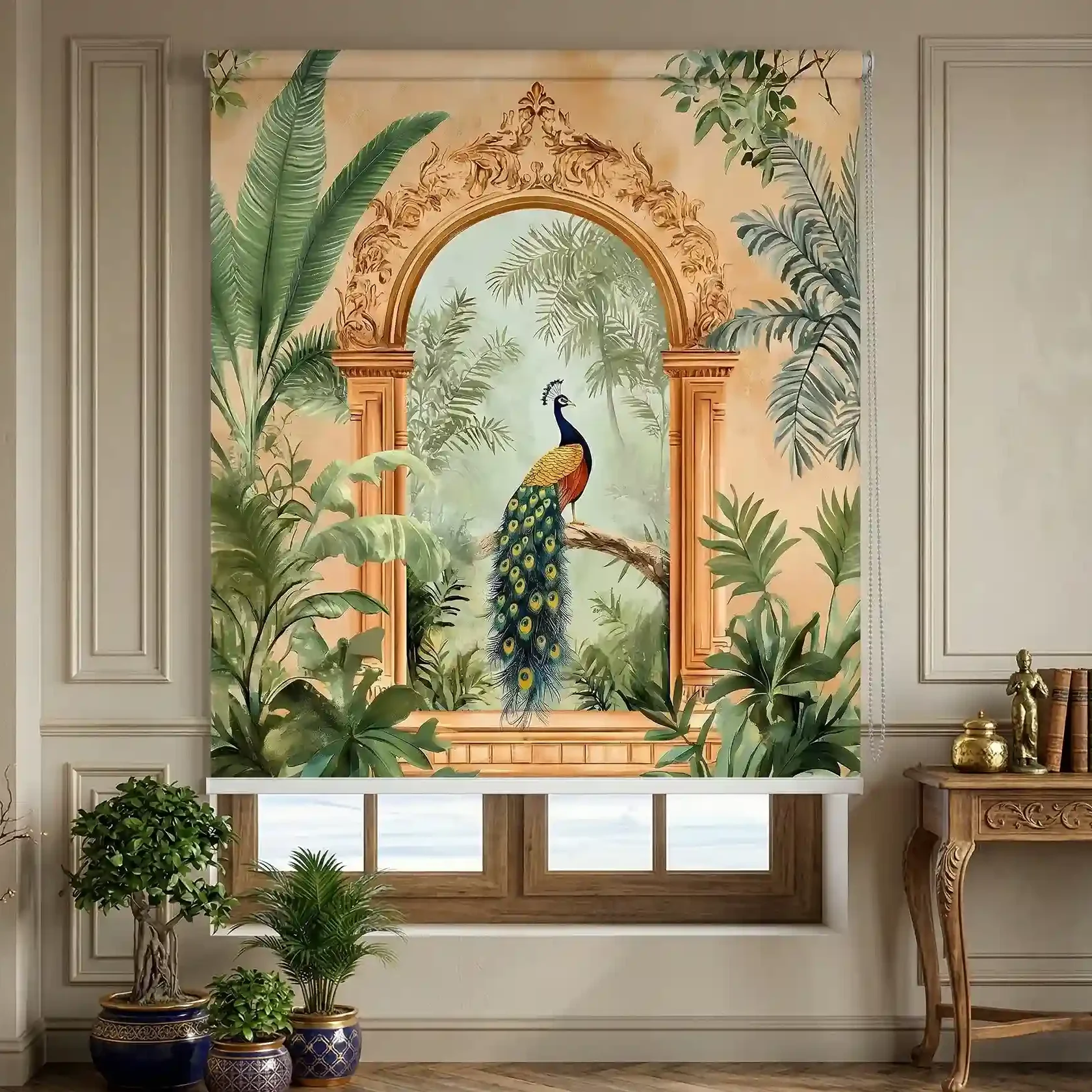 Heritage Indian Royal Peacock Garden Arch Art design Roller Blind