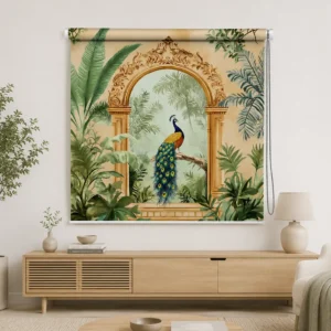 Heritage Indian Royal Peacock Garden Arch Art design Roller Blind for pooja room