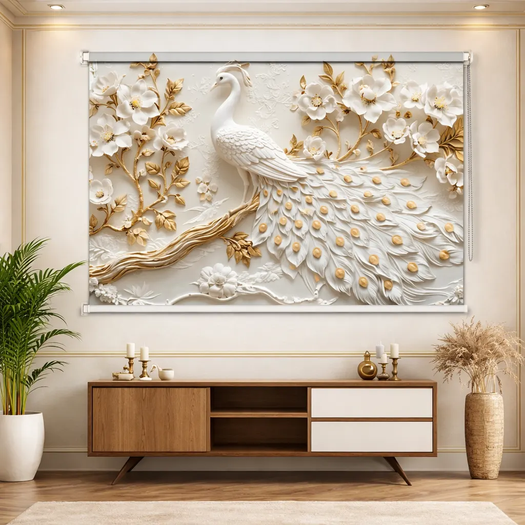 Imperial White Mor with Golden Floral Art Roller Blind 1 Imperial White Mor with Golden Floral Art Roller Blind