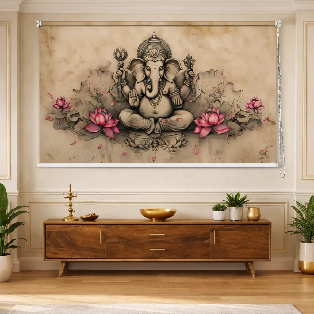 Lord Ganesha Lotus Art Window Roller Blinds for Pooja Room
