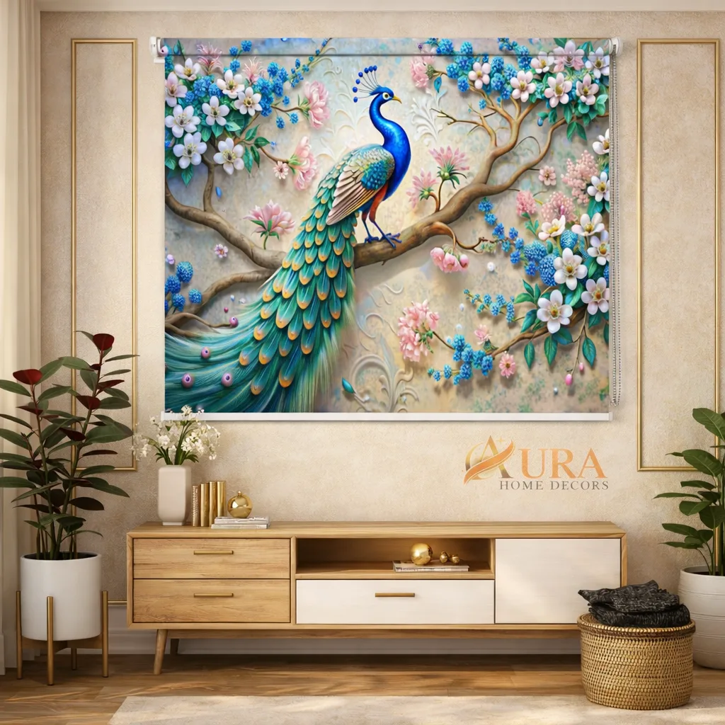 Nature-Inspired Blossoming Peacock Garden Art Printed Roller Blinds for Window
