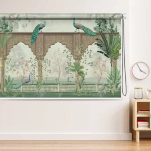 Premium Printed Royal Mughal Garden Pavilion Peacock Design Roller Blind