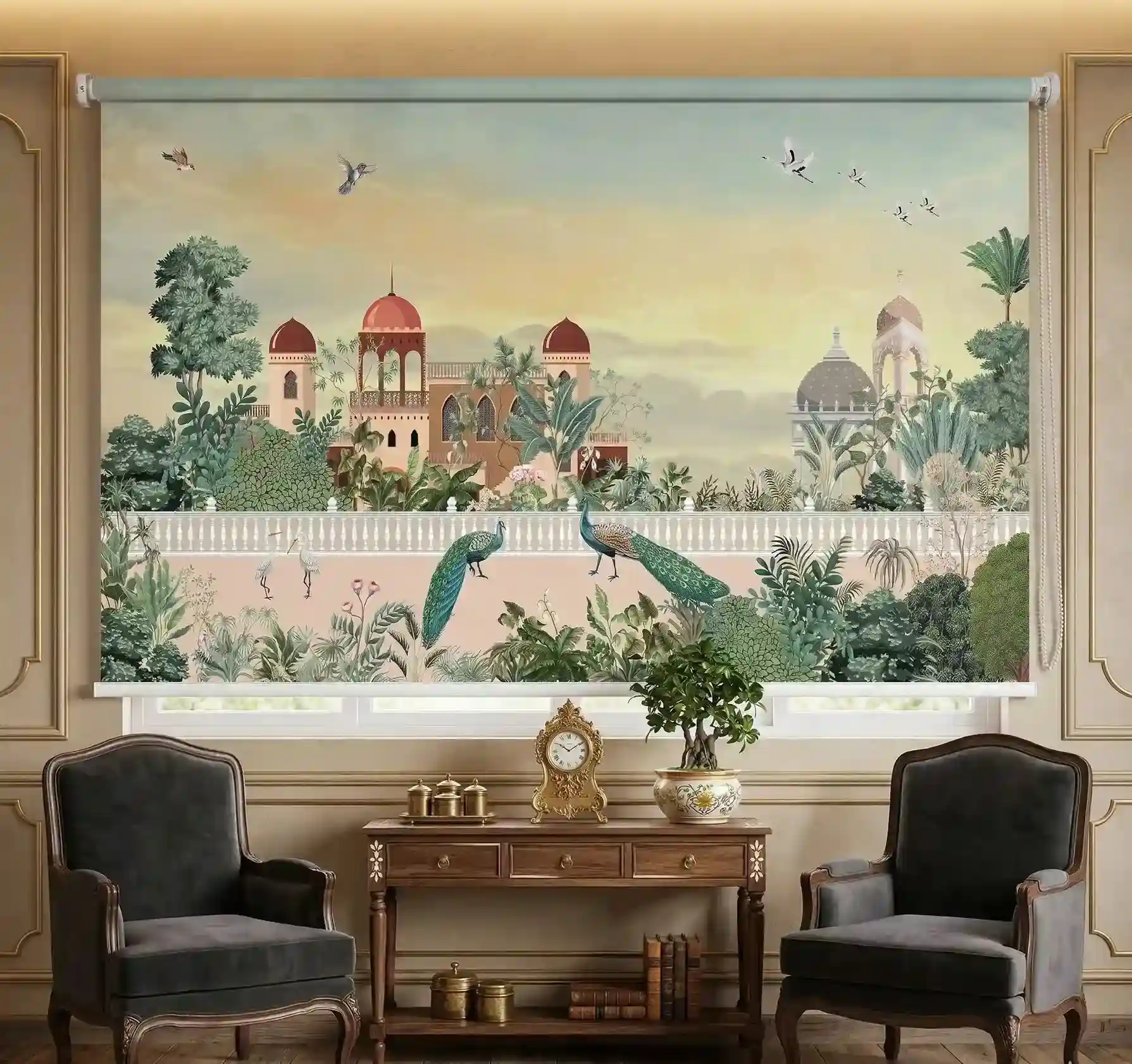 Printed Royal Mughal Garden Peacock Palace Design Roller Blind