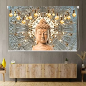 Radiant Mandala Buddha Roller Blind with Golden Aura & Festoon Lights