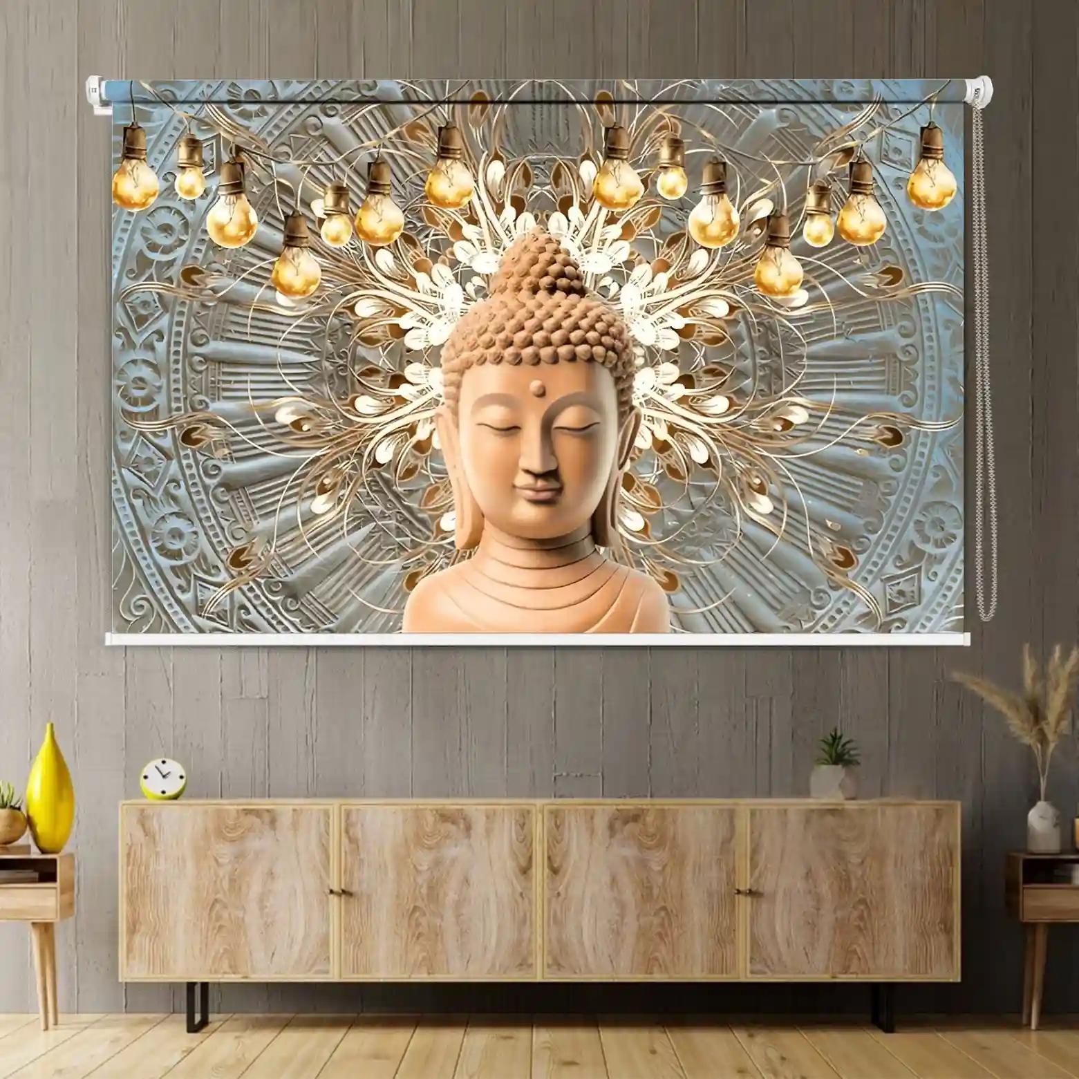 Radiant Mandala Buddha Roller Blind with Golden Aura & Festoon Lights