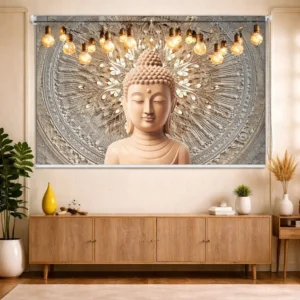 Radiant Mandala Buddha Window Roller Blind with Golden Aura & Festoon Lights