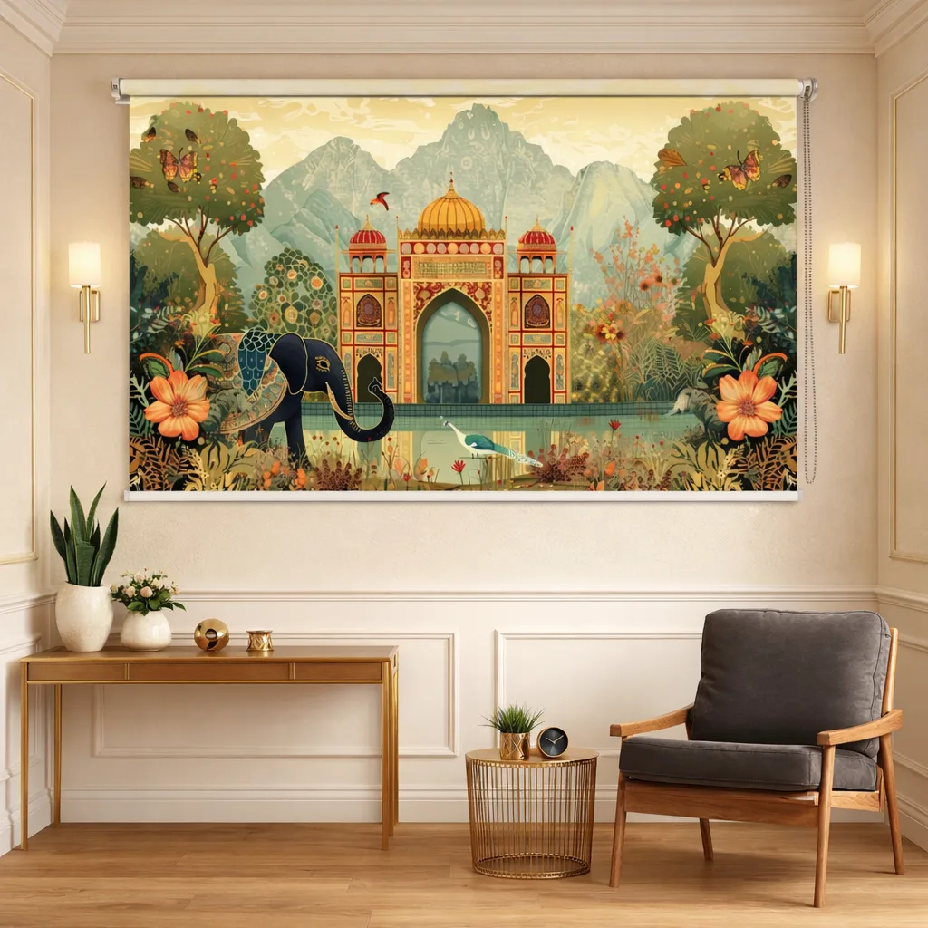 Royal Heritage Palace Art Roller WIndow Blind with Elephant and Peacock