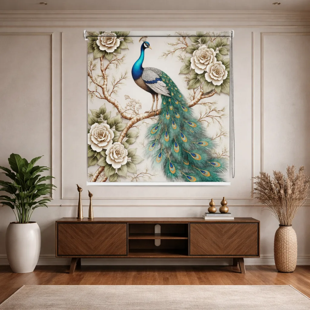 Royal Peacock Floral Indian Art Design Roller Blinds 1 Royal Peacock Floral Indian Art Design Roller Blind