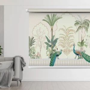 Royal Peacock Garden Arch Designer Roller Blind Inspired by Mughal Nature Art