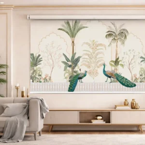 Royal Peacock Garden Arch Designer Roller Blind Inspired by Mughal Nature Art