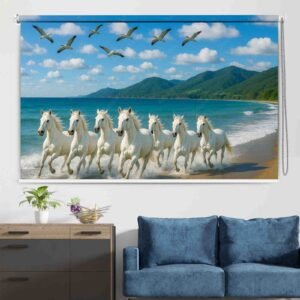 Vastu-inspired roller blind featuring white horses running on a beach with ocean waves, mountains, and flying birds