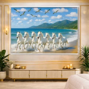 Running 7 White Horses Coastal Ocean Pattern Roller Blind for Window