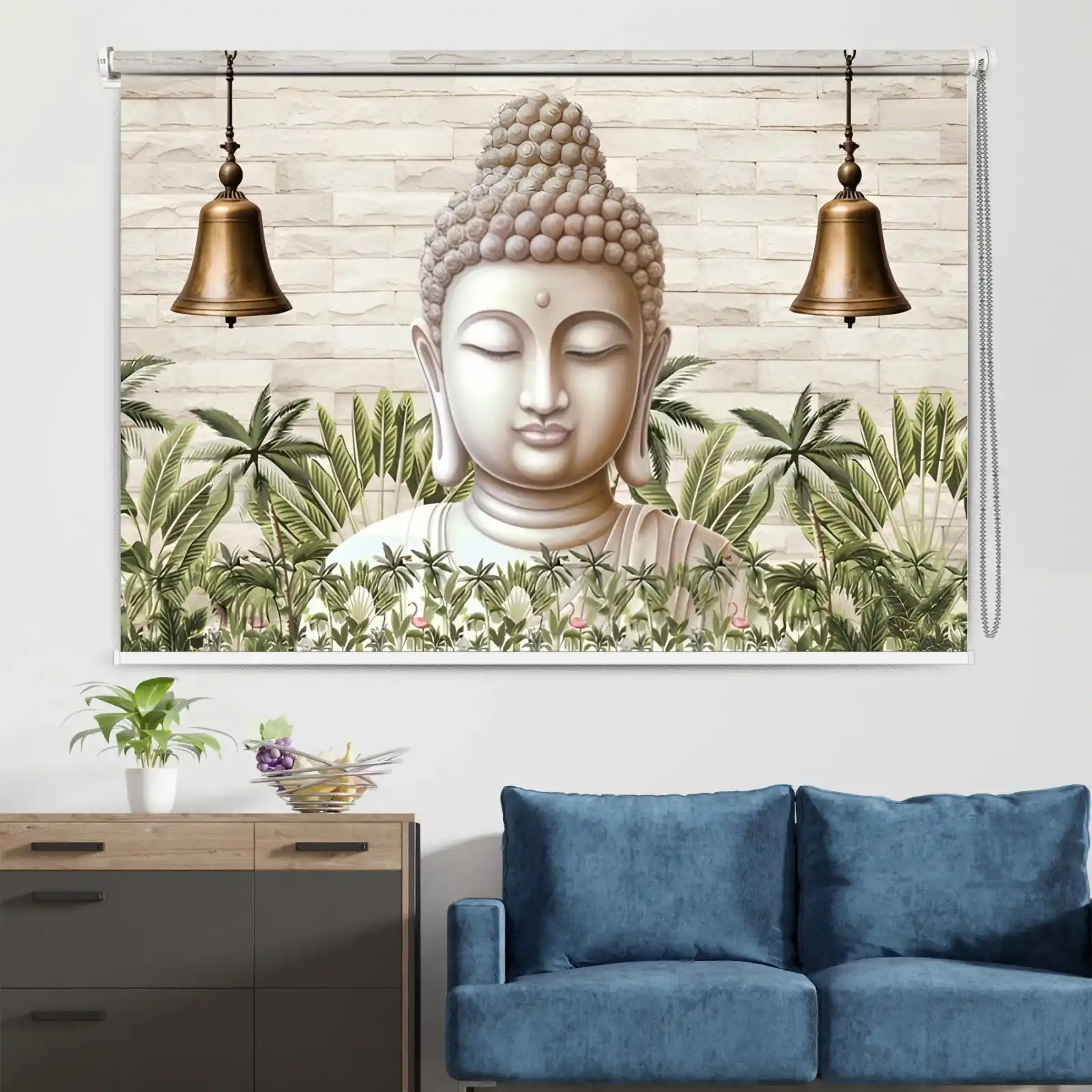 Serene Buddha Face Roller Blind with Temple Bells and Tropical Palm Motif