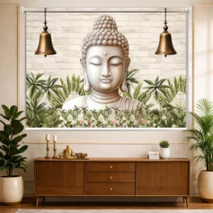 Serene Buddha Face Roller Blinds with Temple Bells and Tropical Palm Motif