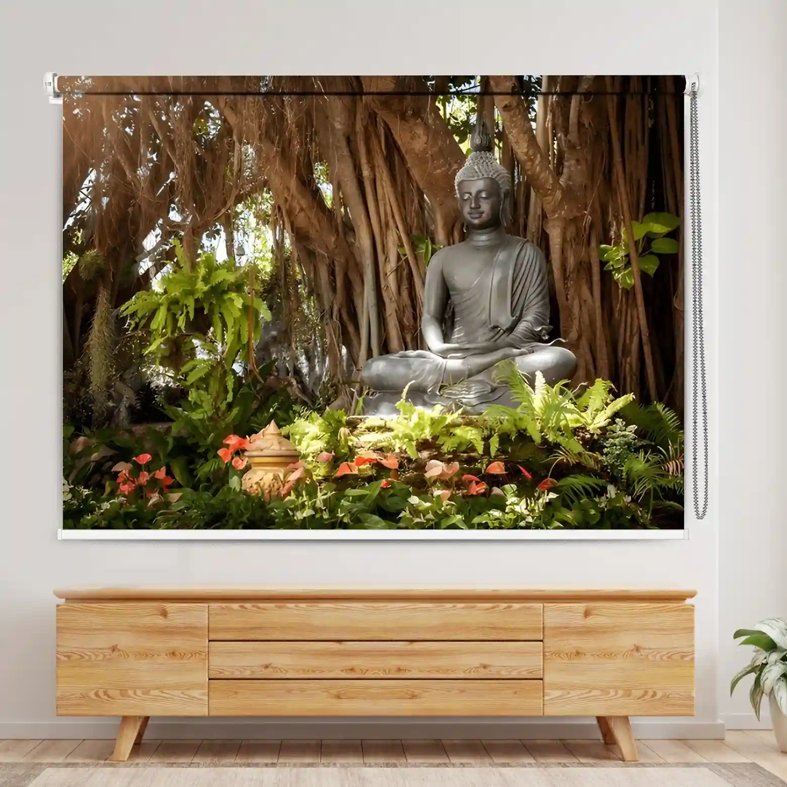 Buddha meditating under a banyan tree surrounded by greenery on a spiritual roller blind.