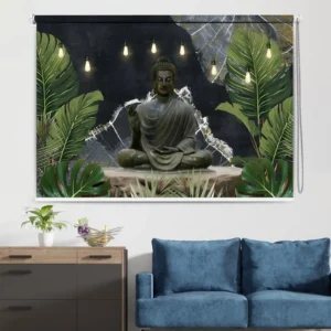 Serene Buddha with Tropical Leaves & Ambient Lights Roller Blind