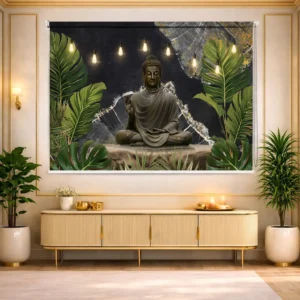 Serene Buddha with Tropical Leaves & Ambient Lights Roller Blinds