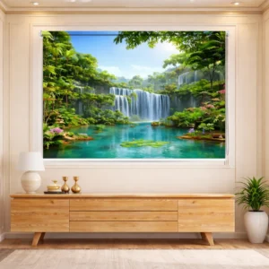 Serene Emerald Waterfall Landscape Roller Blind