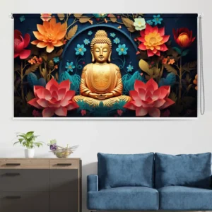 Serene Golden Buddha Floral Roller Blind with colorful lotus flowers