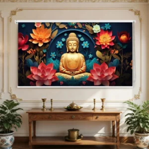 Serene Golden Buddha Floral Roller Blind for Temple