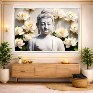 Serene White Buddha Window Roller Blind with Lotus Bloom Backdrop