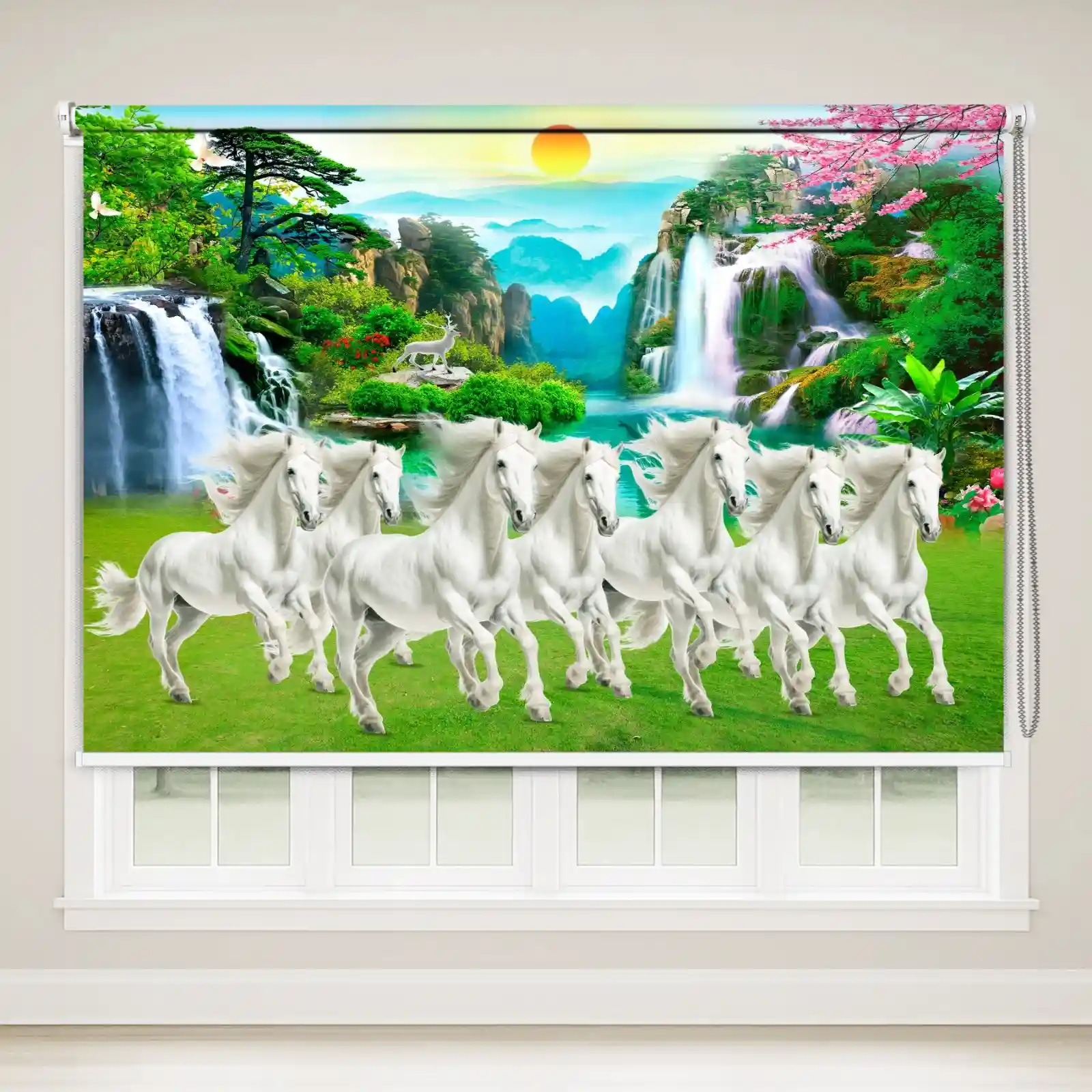 Seven White Horses Nature Landscape Printed Vastu Roller Blind with waterfall nature landscape design