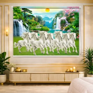 Seven White Horses Nature Landscape Printed Vastu Windwo Roller Blind with waterfall nature landscape design