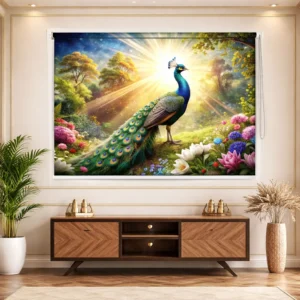 Sunlit Peacock Garden Designer Roller Blind with Regal Nature Aesthetics