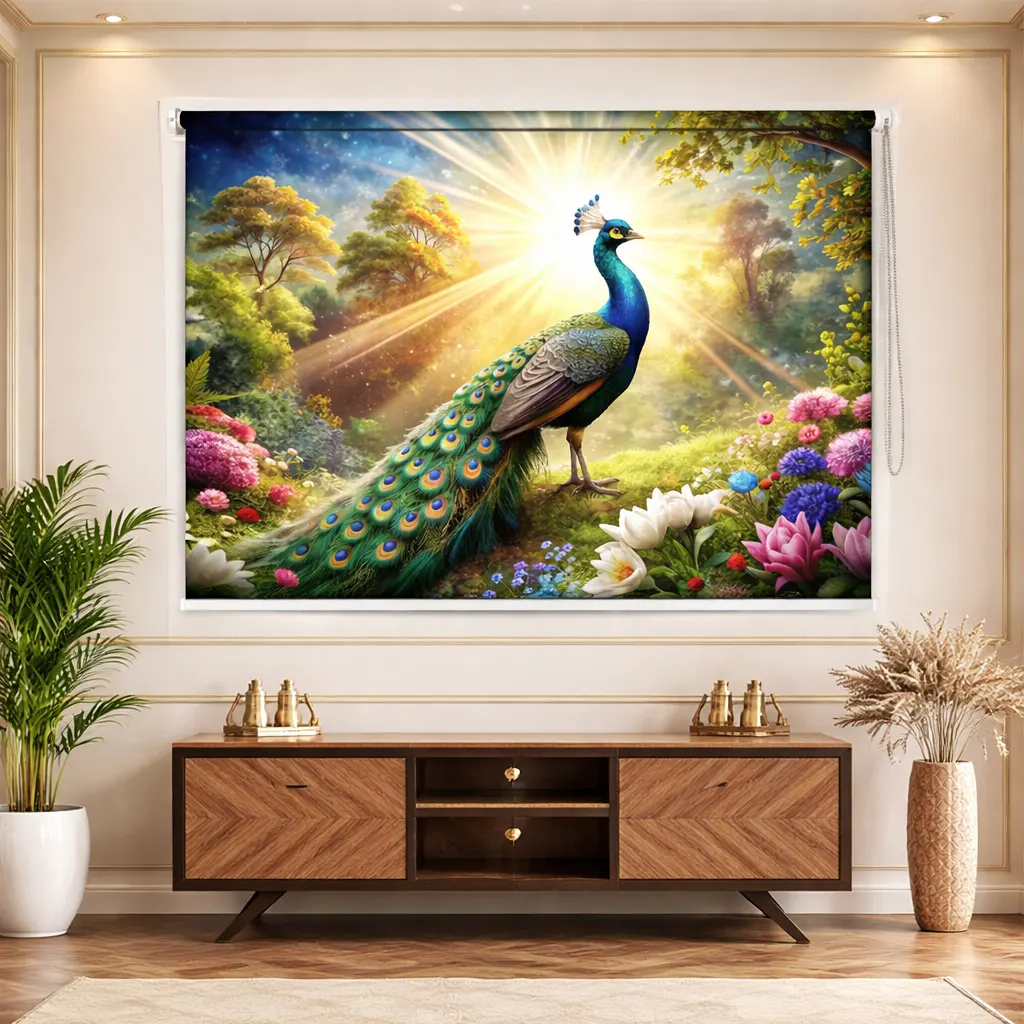 Sunlit Peacock Garden Designer Roller Blind with Regal Nature Aesthetics 1 Sunlit Peacock Garden Designer Roller Blind with Regal Nature Aesthetics