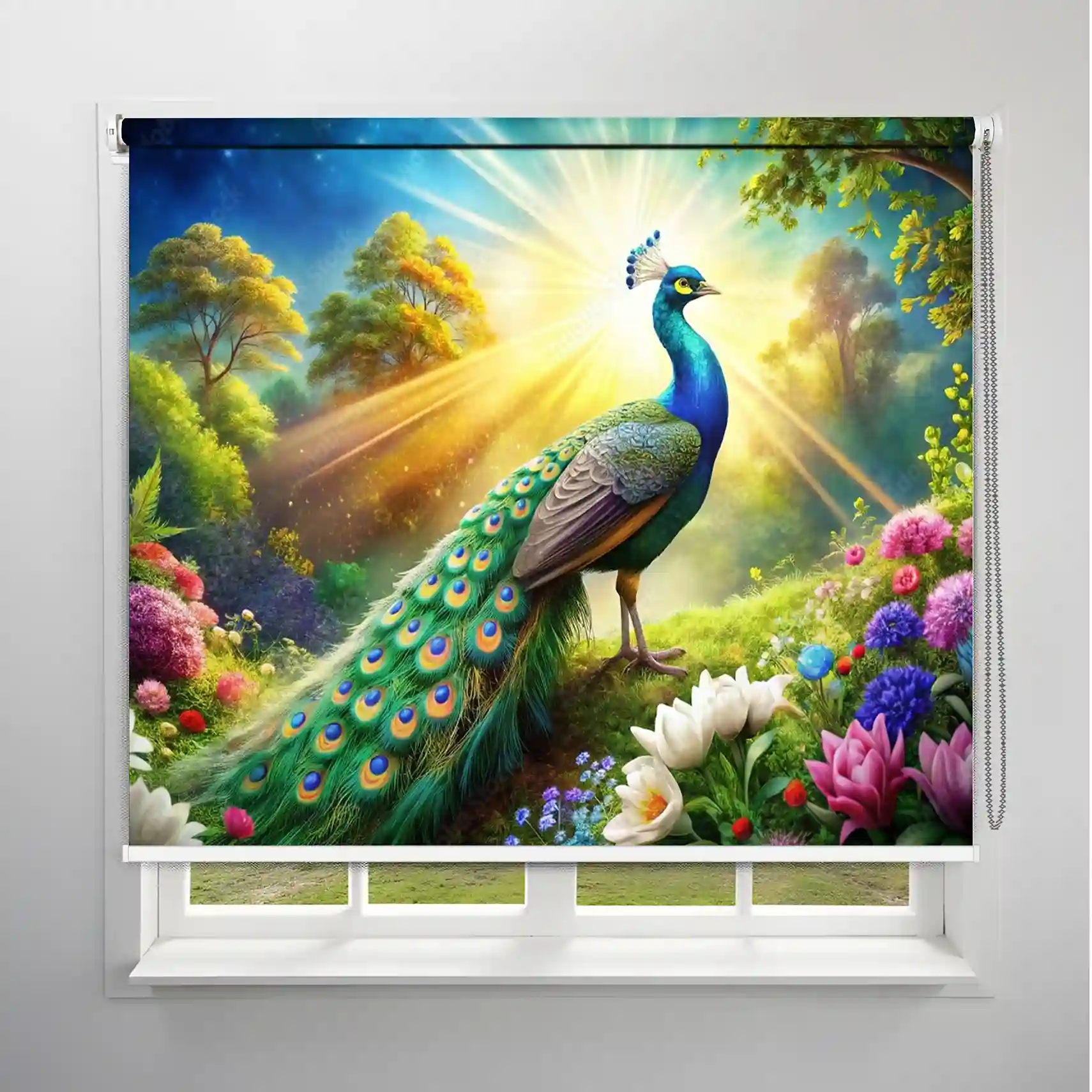 Sunlit Peacock Garden Designer Roller Blind with Regal Nature Aesthetics