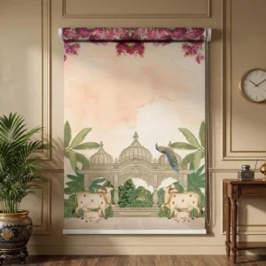 Traditional Indian Palace Roller Blind with Sacred Cow and Peacock Motif Art