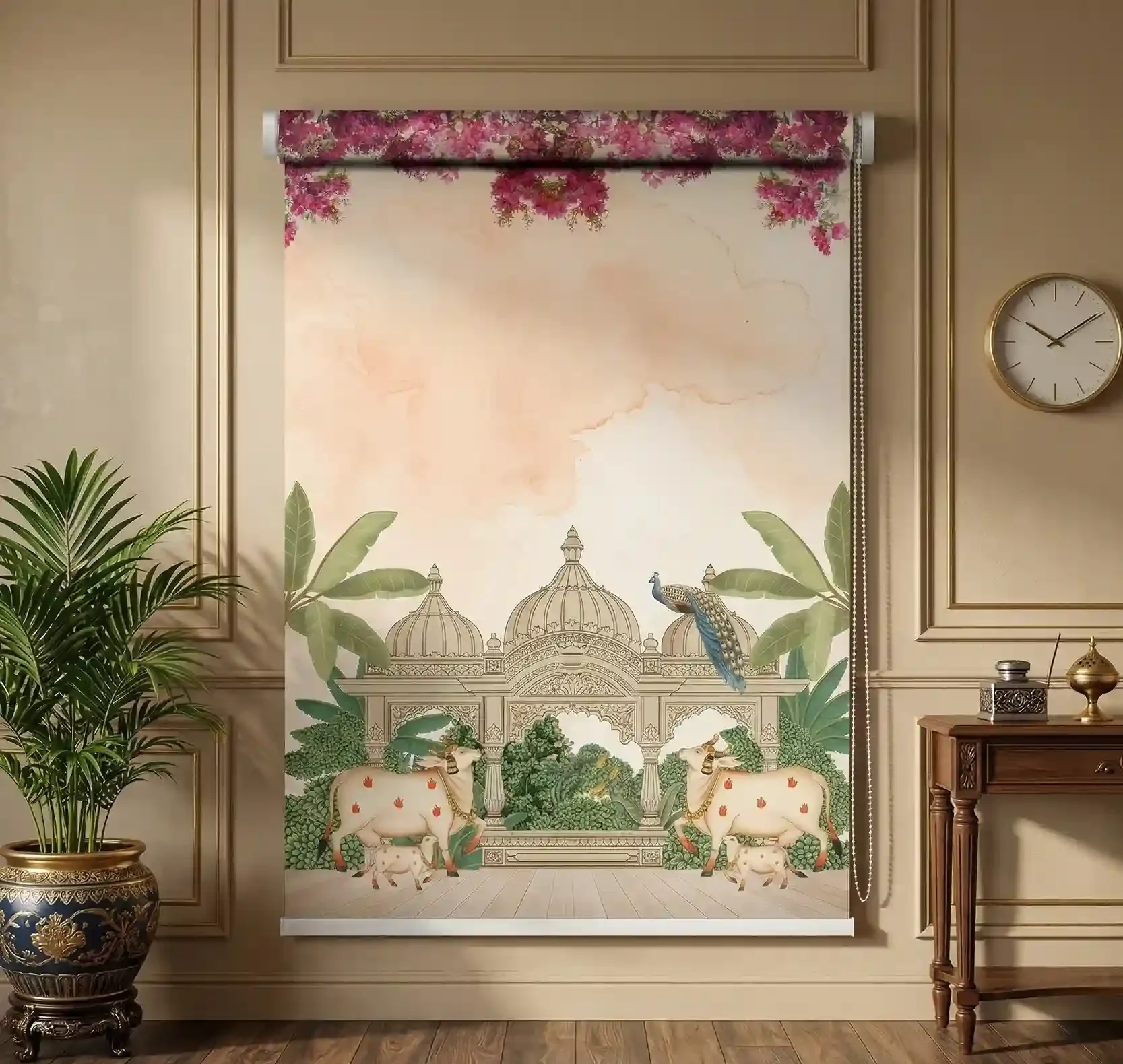 Traditional Indian Palace Roller Blind with Sacred Cow and Peacock Motif Art