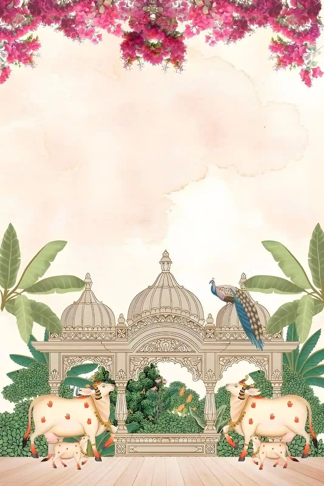 Traditional Indian Palace Roller Blind with Sacred Cow and Peacock Motif Art