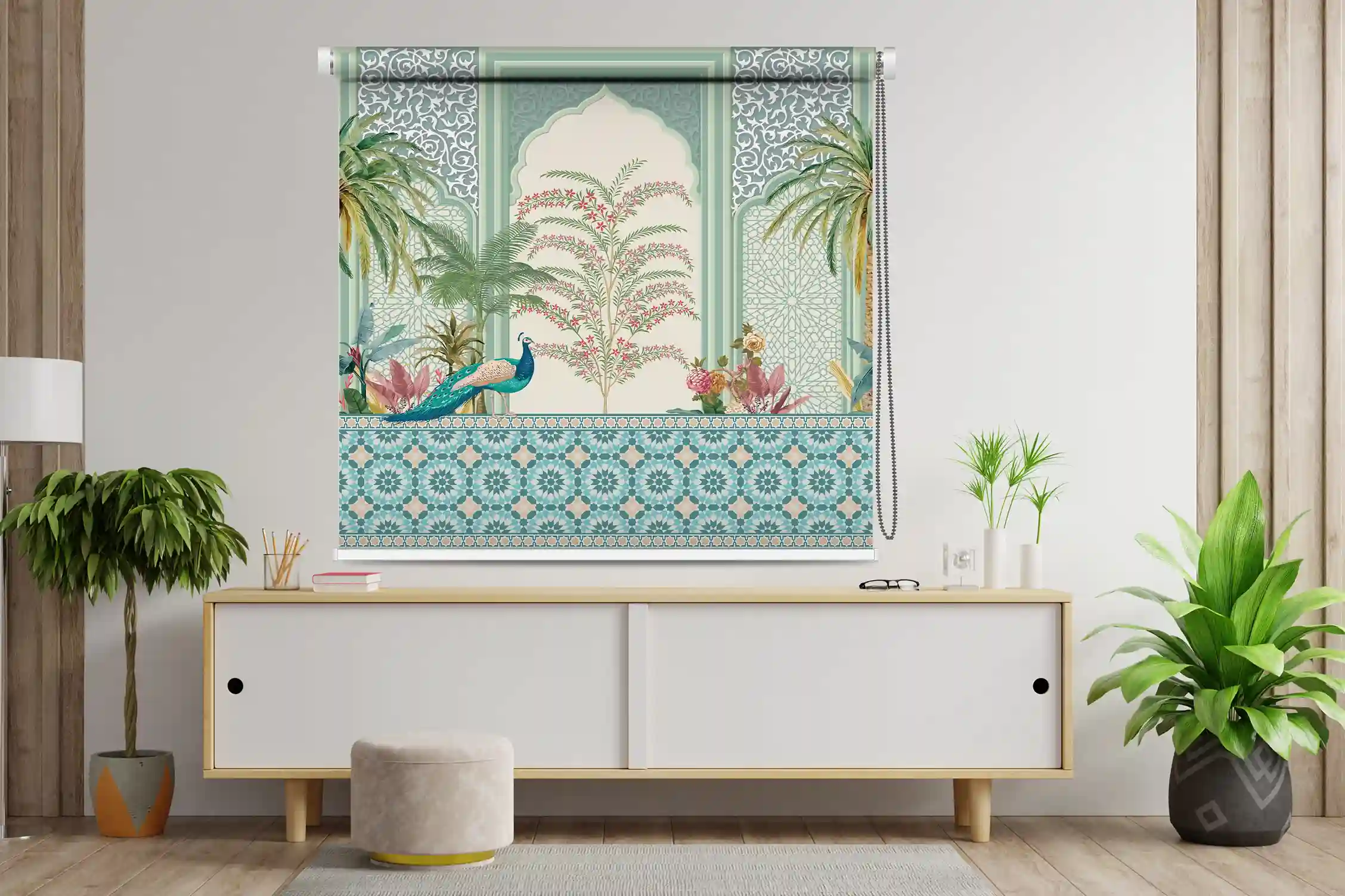 Traditional Mughal Jali Peacock Garden Pastel Palace Art Roller Blind