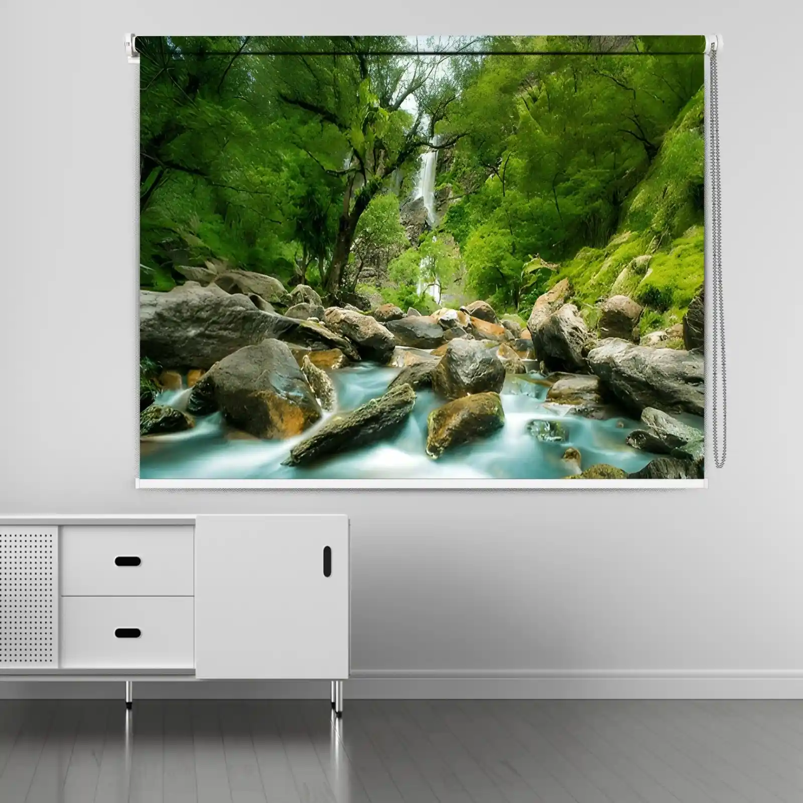 Vastu-Inspired Forest Stream Roller Blind with Green Nature Waterfall
