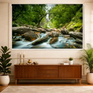 Vastu-Inspired Forest Stream Roller Blinds with Green Nature Waterfall