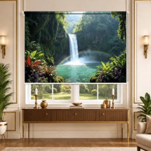 Vastu-Inspired Forest Waterfall Roller Blinds with Rainbow & Greenery for Peace or Positivity
