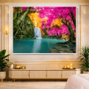 Vastu-Inspired Pink Forest Waterfall Roller Blinds