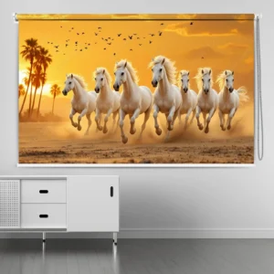 Vastu-Inspired Running White Horses with Sunset view Design Roller Blind