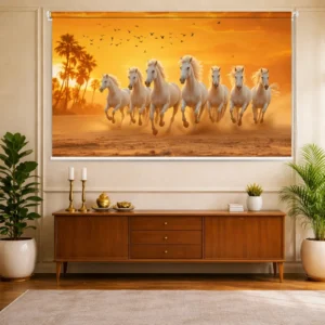 Vastu-Inspired Running White Horses with Sunset view Roller Blind