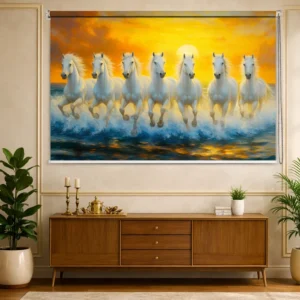 Vastu Inspired Seven Running White Horses with Ocean Sunset Roller Blind